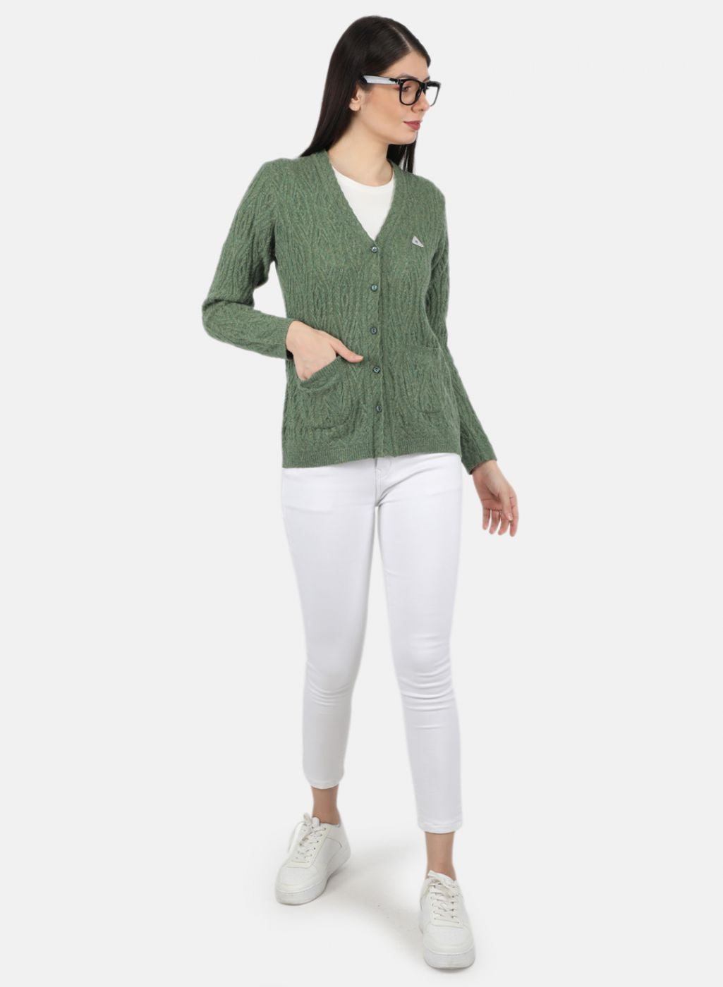 Women Green Self Design Cardigan