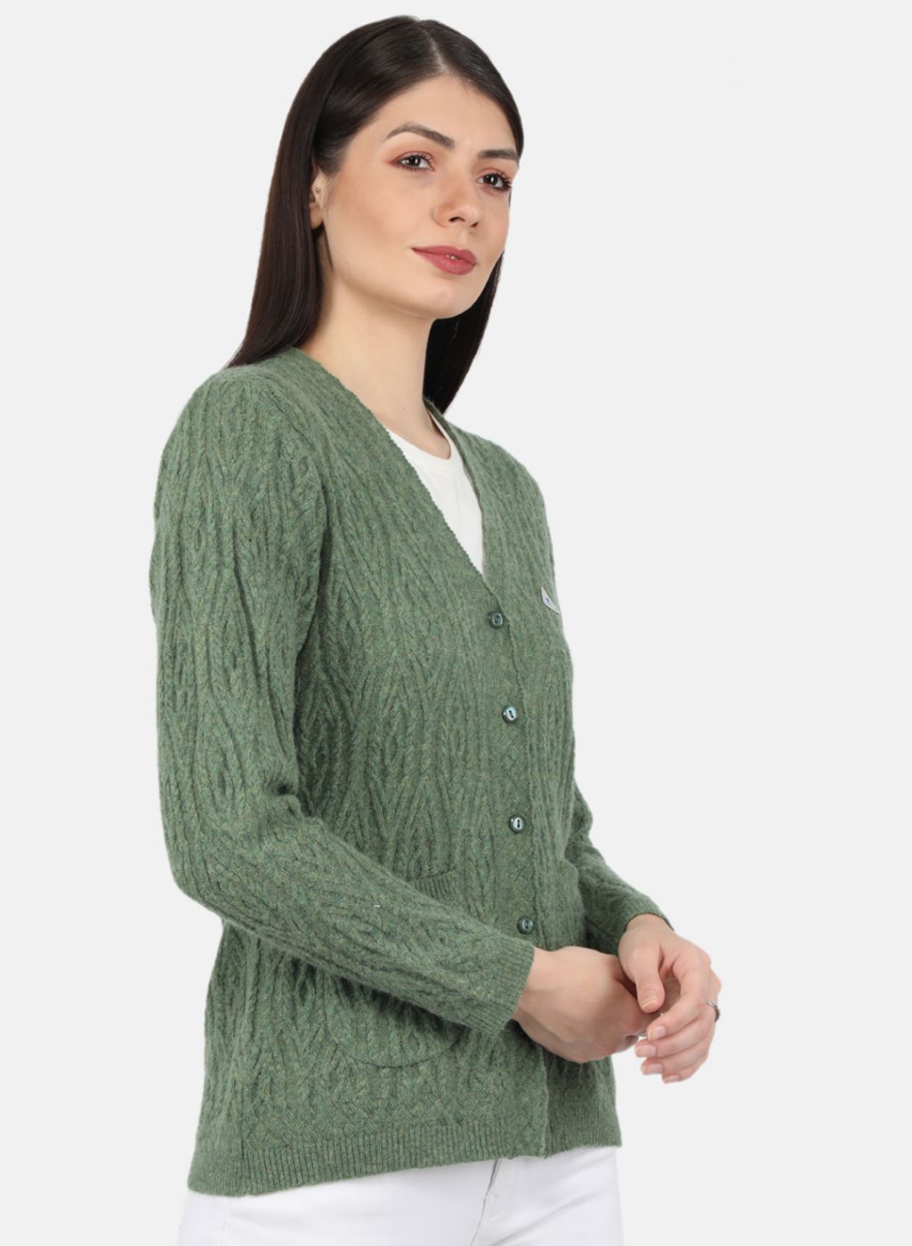 Women Green Self Design Cardigan