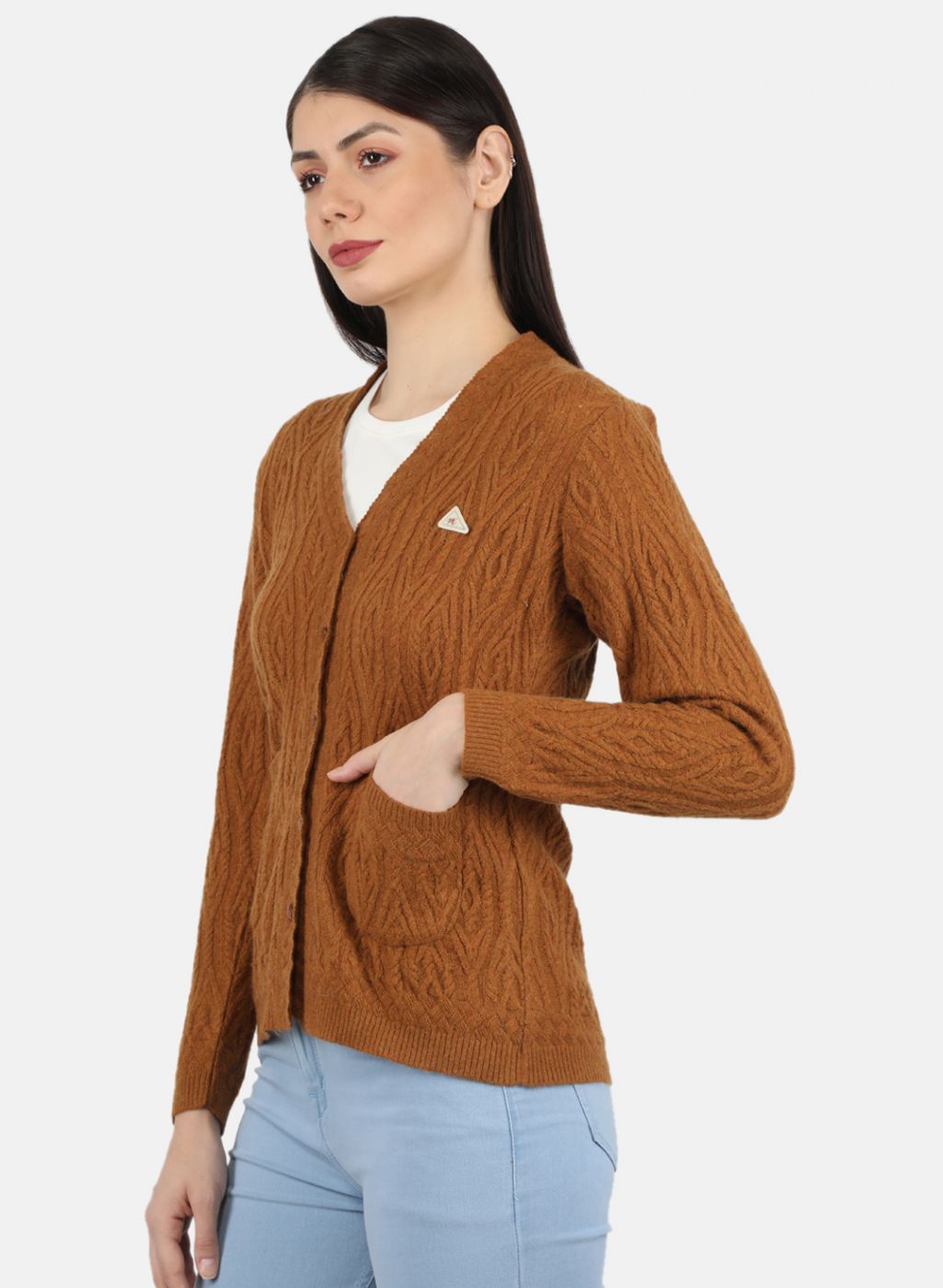 Women Orange Self Design Cardigan