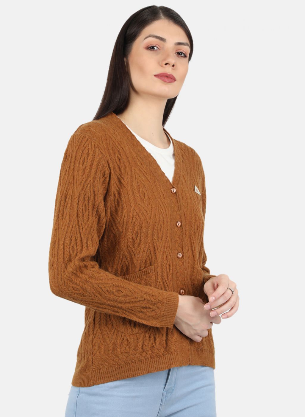 Women Orange Self Design Cardigan