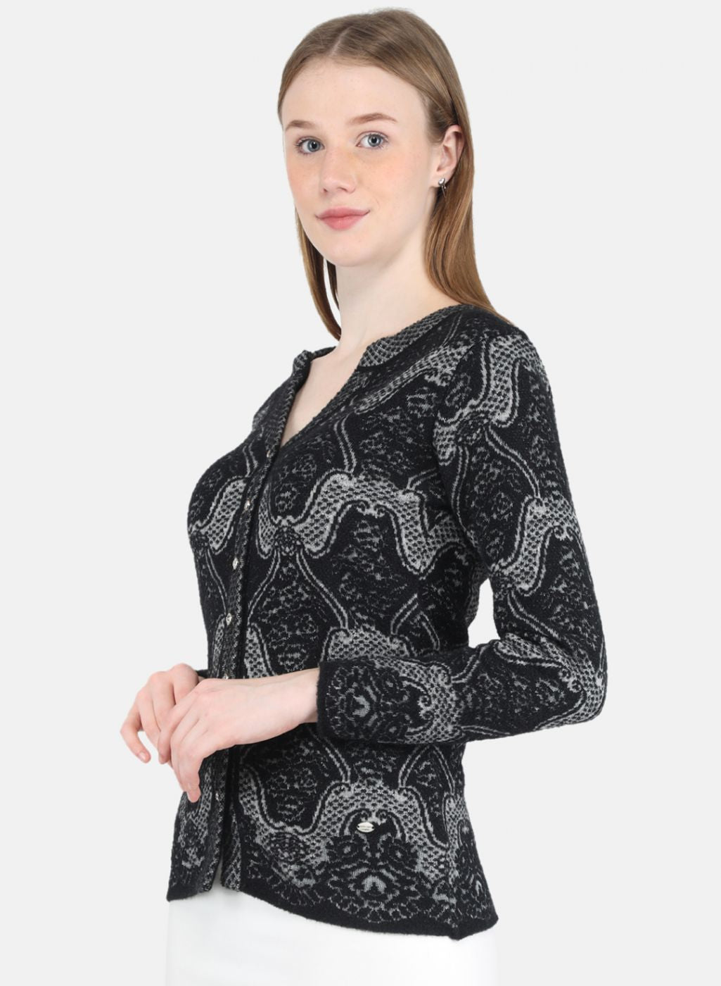 Women Black Self Design Cardigan