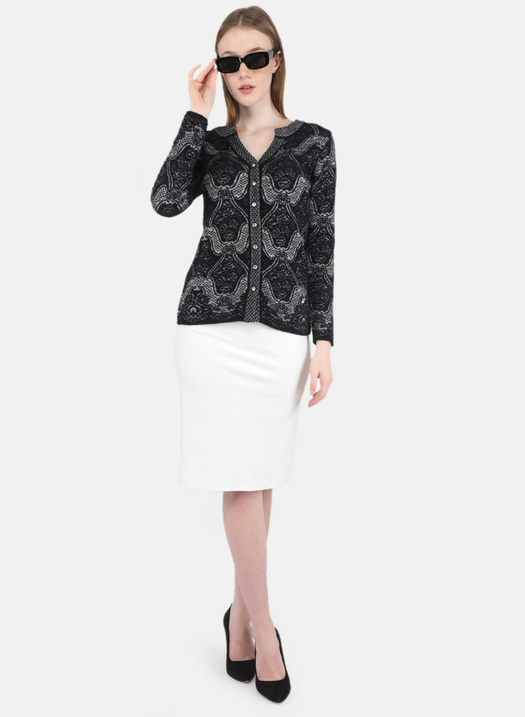 Women Black Self Design Cardigan