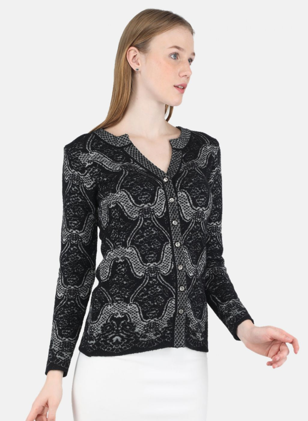 Women Black Self Design Cardigan