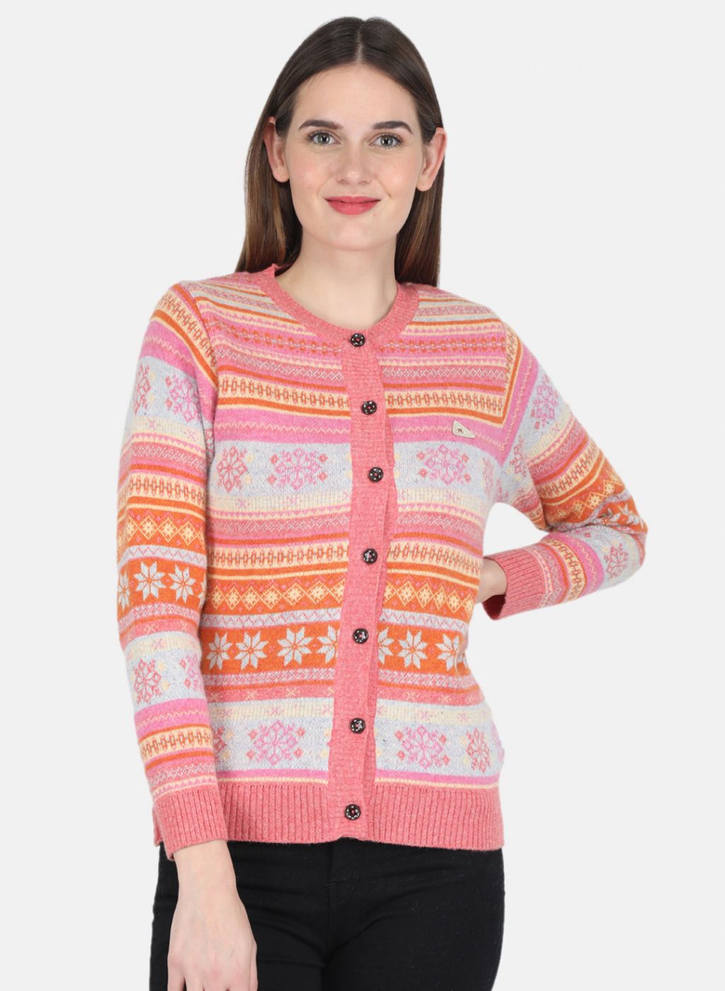 Women Pink Self design Cardigan