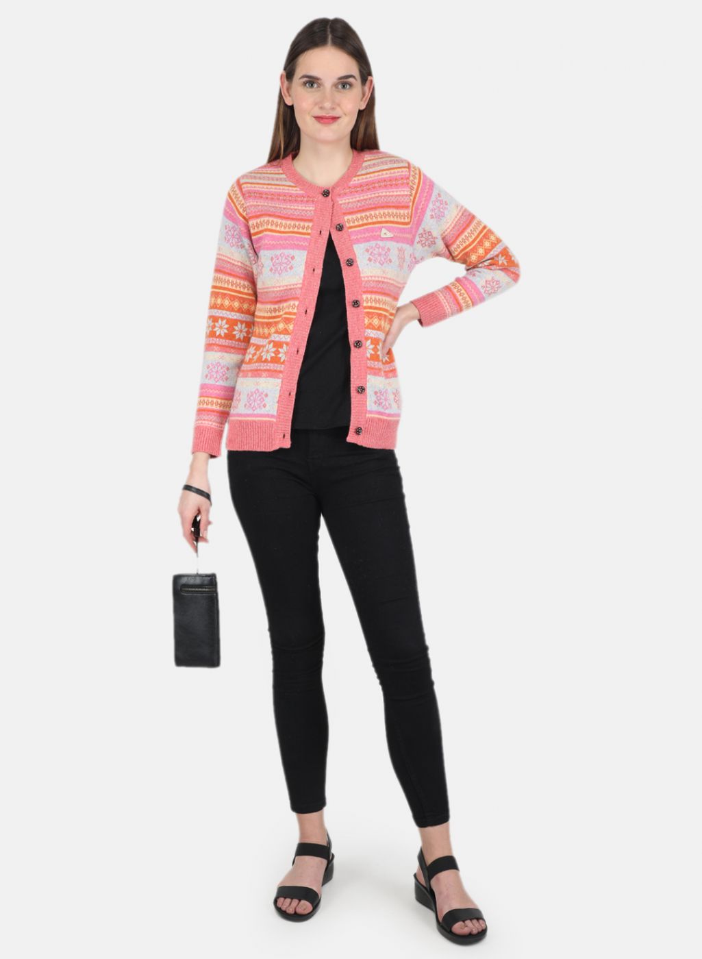 Women Pink Self design Cardigan