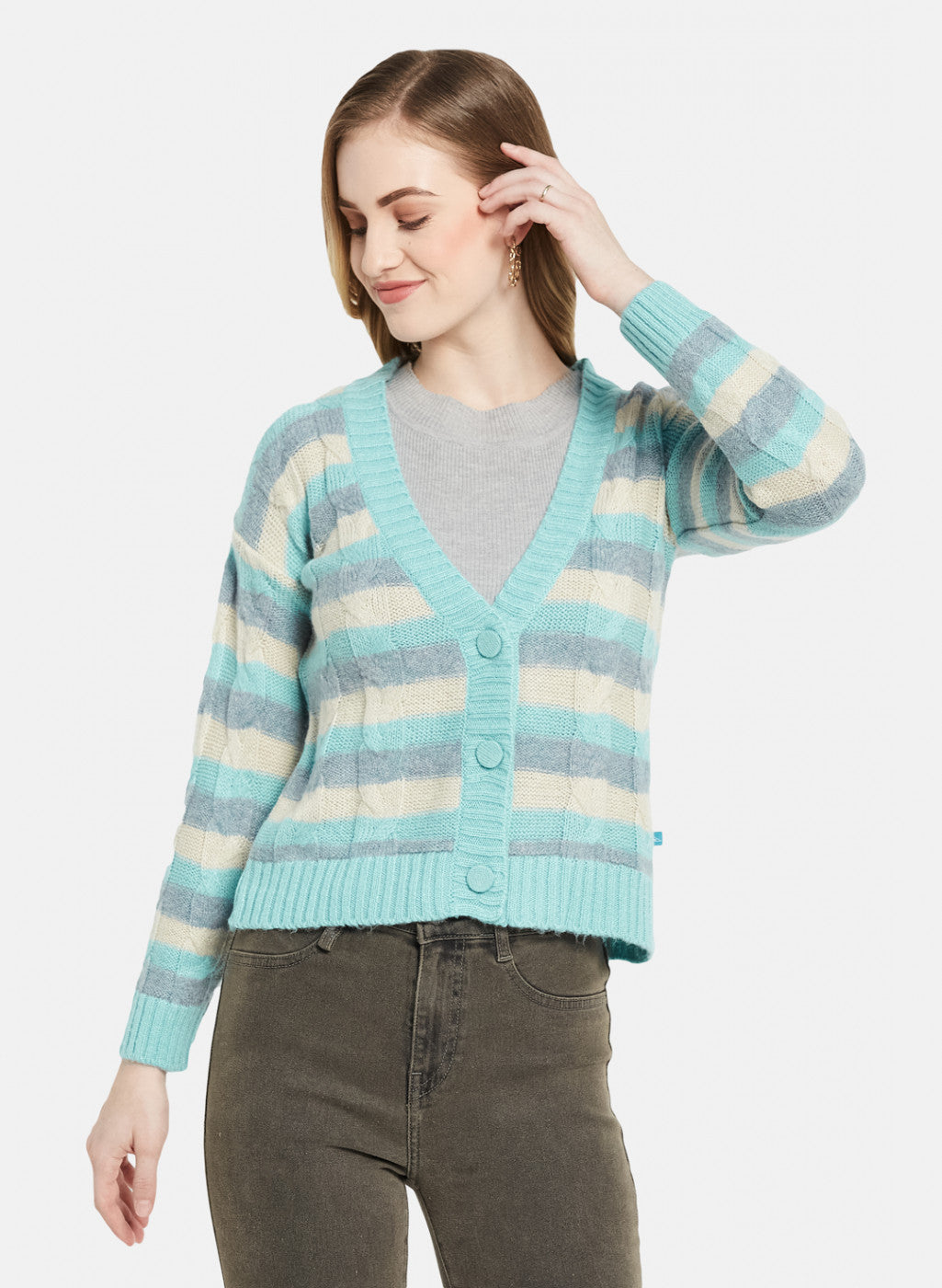 Women Blue Self Design Cardigan