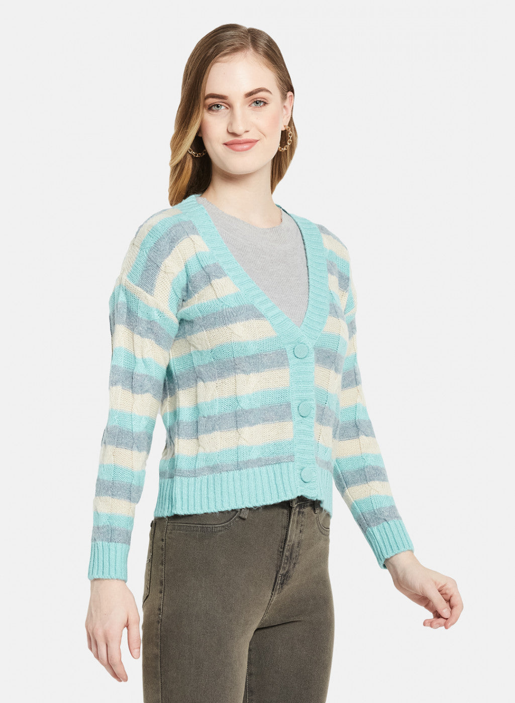 Women Blue Self Design Cardigan