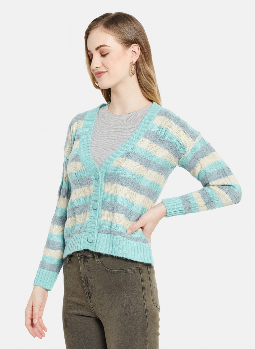 Women Blue Self Design Cardigan