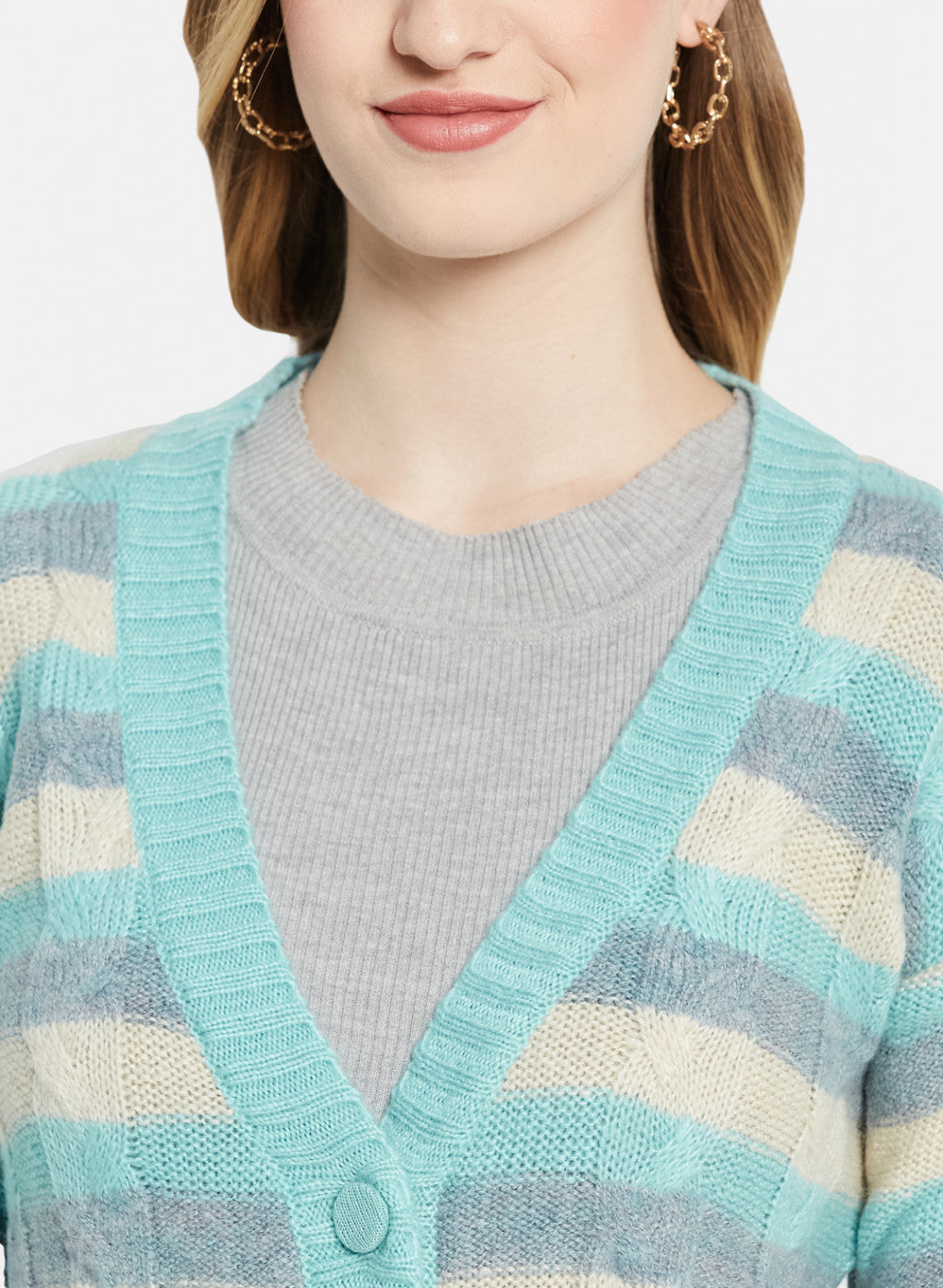 Women Blue Self Design Cardigan