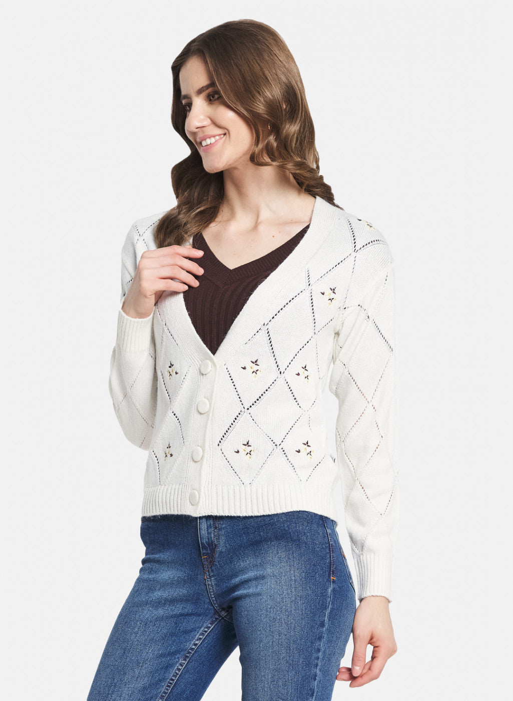 Women White Self Design Cardigan