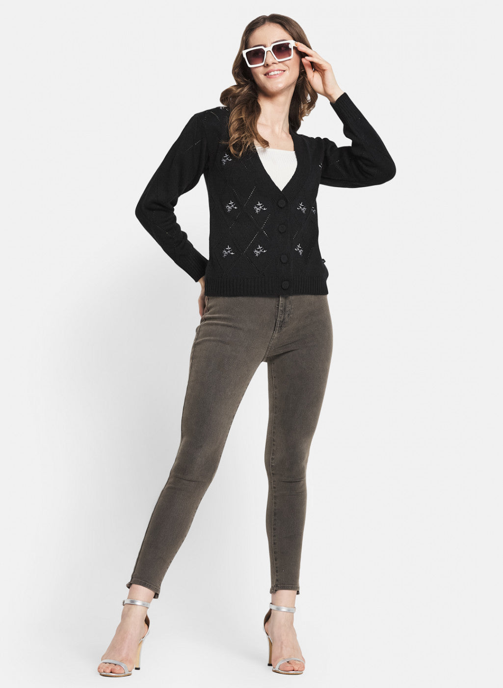 Women Black Self Design Cardigan