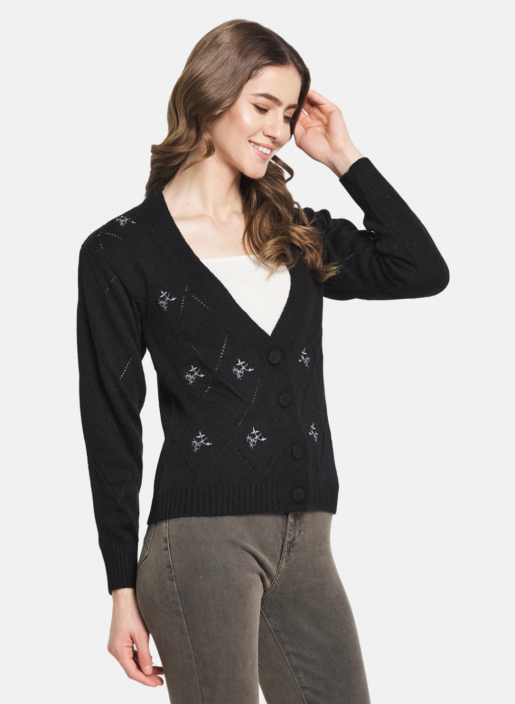 Women Black Self Design Cardigan