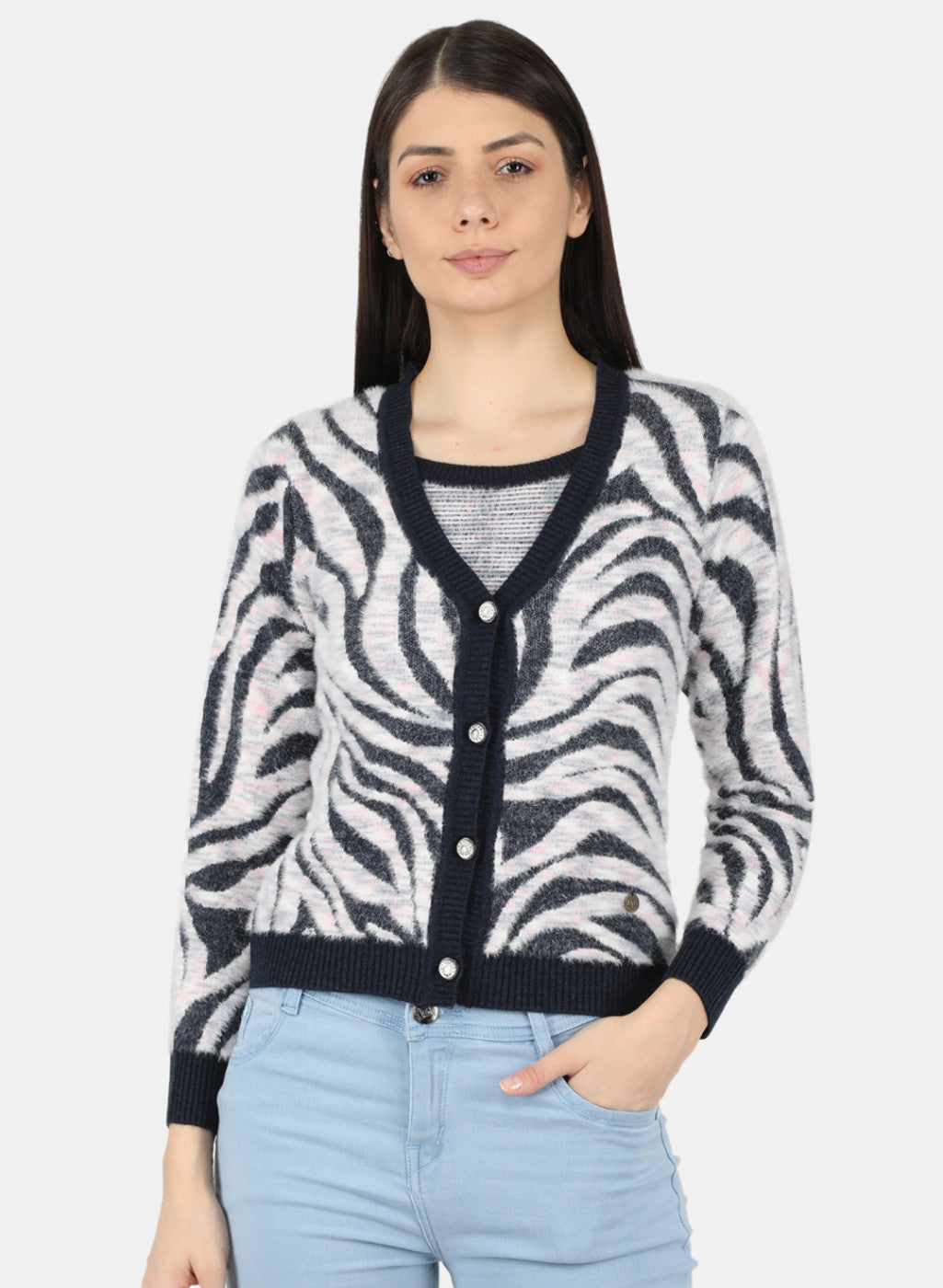 Women Blue Self Design Cardigan