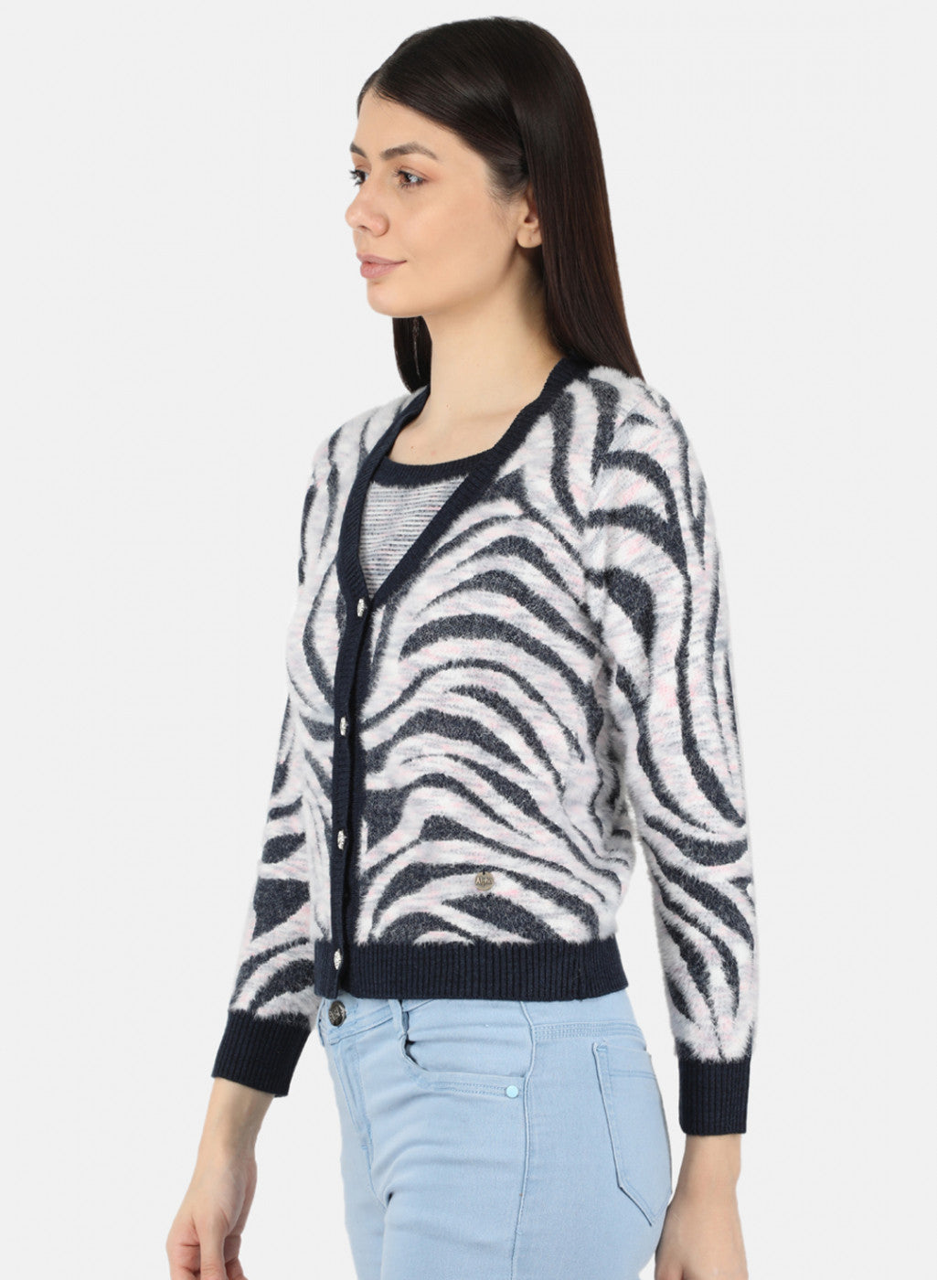 Women Blue Self Design Cardigan