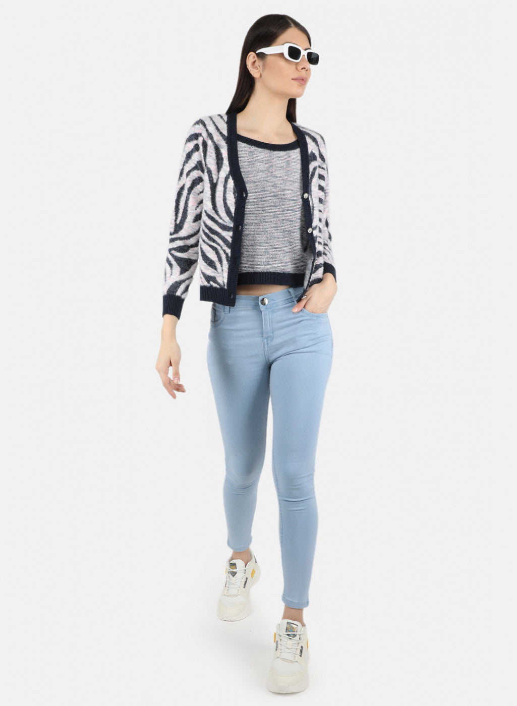 Women Blue Self Design Cardigan