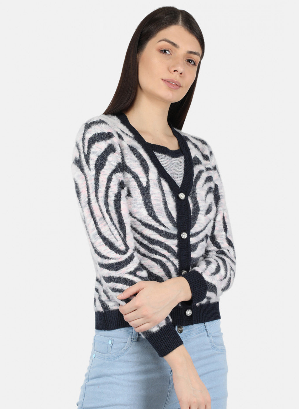 Women Blue Self Design Cardigan