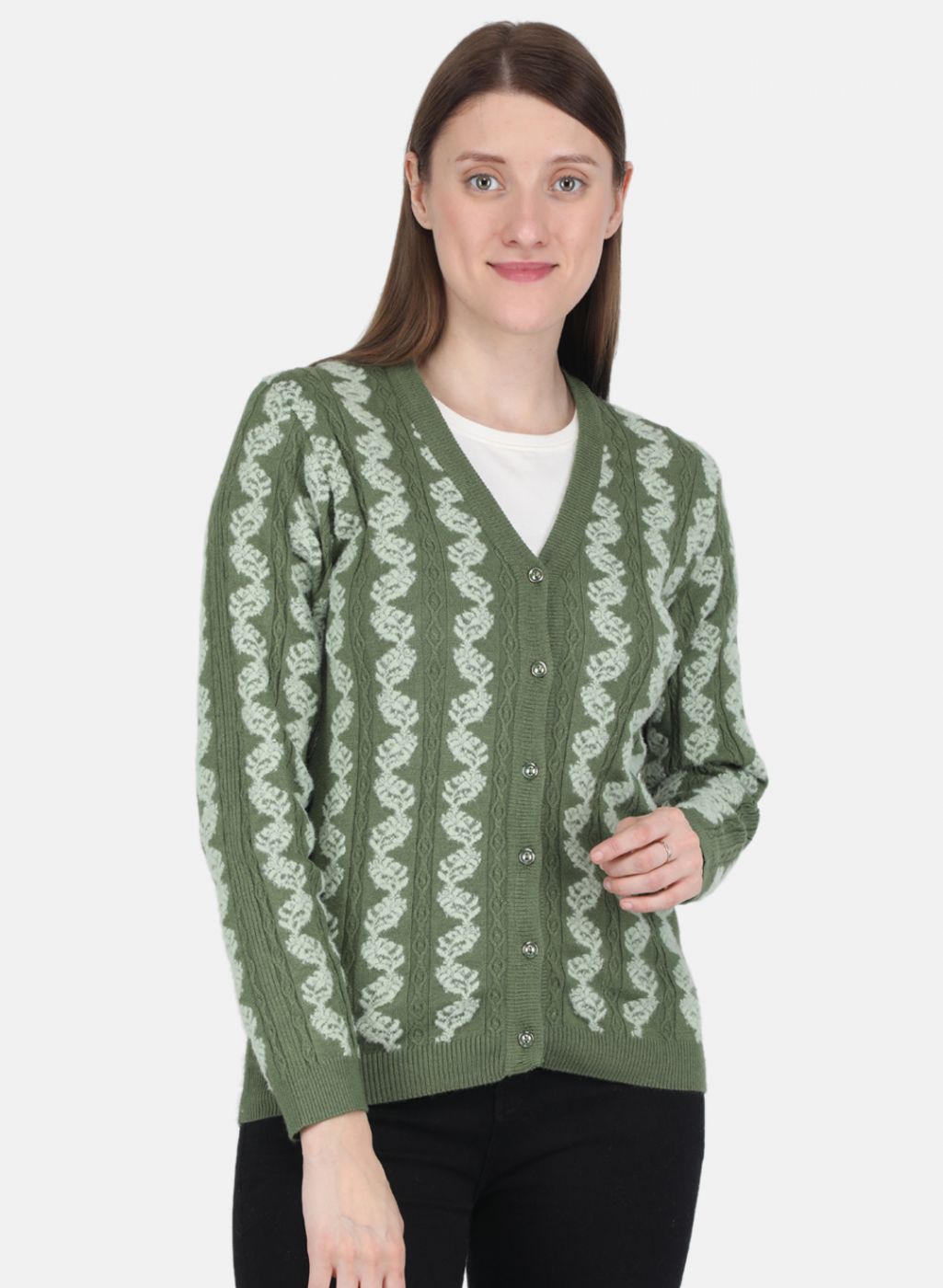 Women Green Self design Cardigan