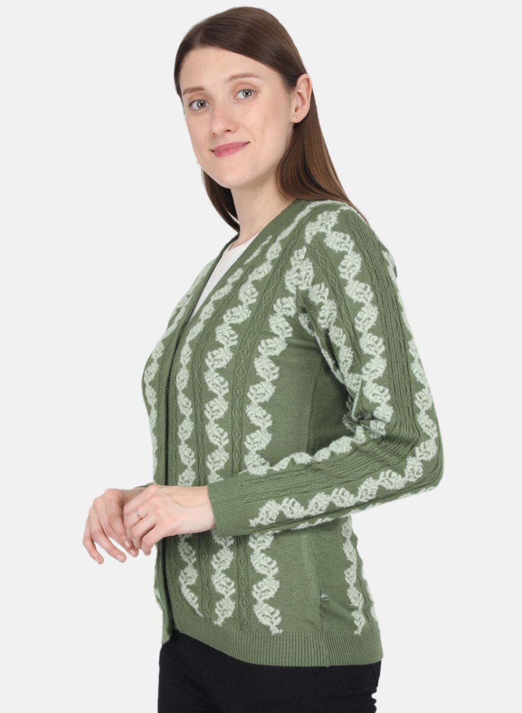 Women Green Self design Cardigan
