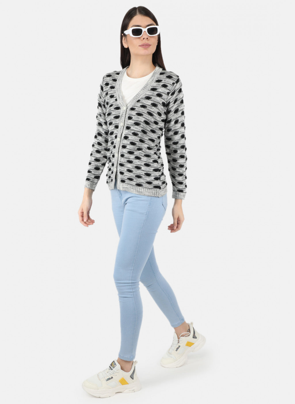 Women Grey Self Design Cardigan