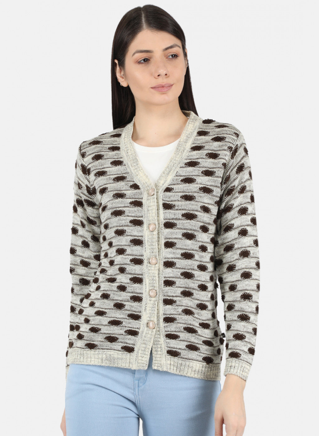 Women Light Brown Self Design Cardigan