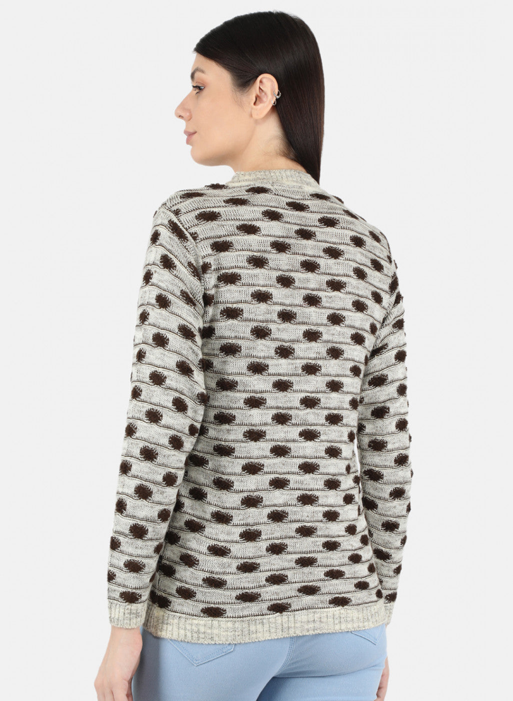 Women Light Brown Self Design Cardigan