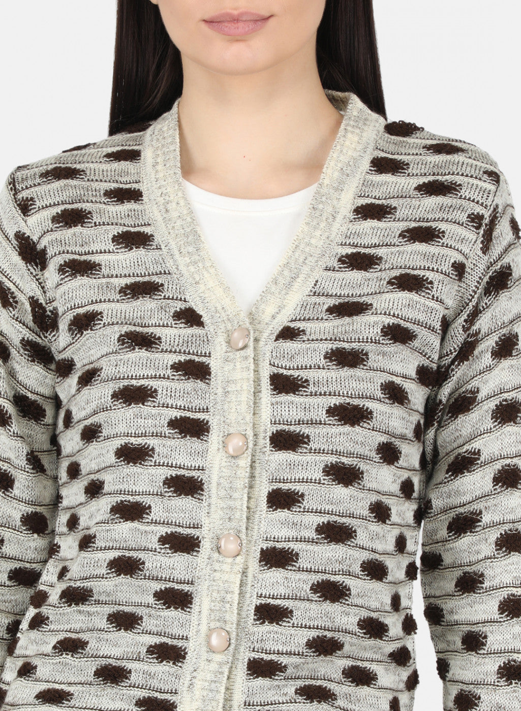 Women Light Brown Self Design Cardigan