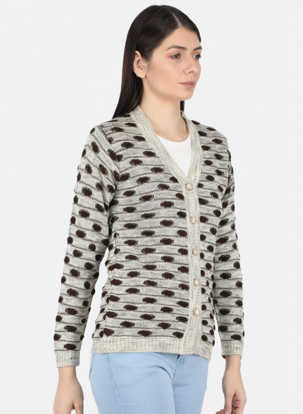 Women Light Brown Self Design Cardigan