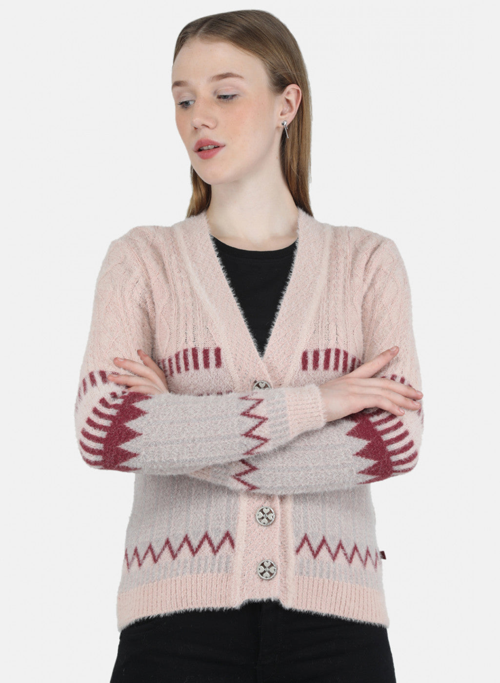 Women Pink Self Design Cardigan