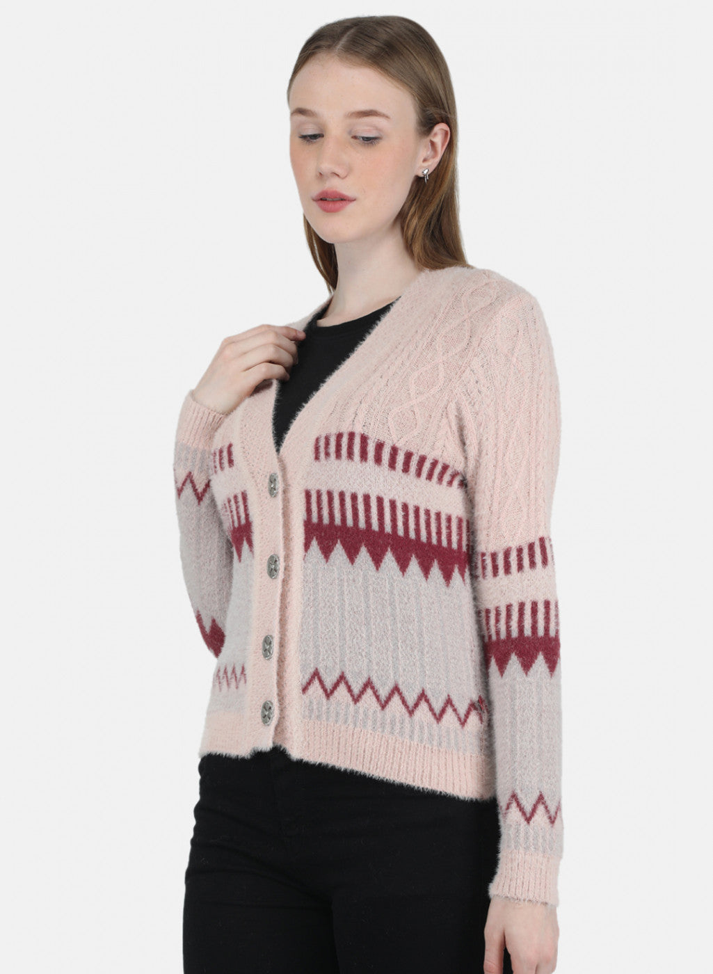 Women Pink Self Design Cardigan