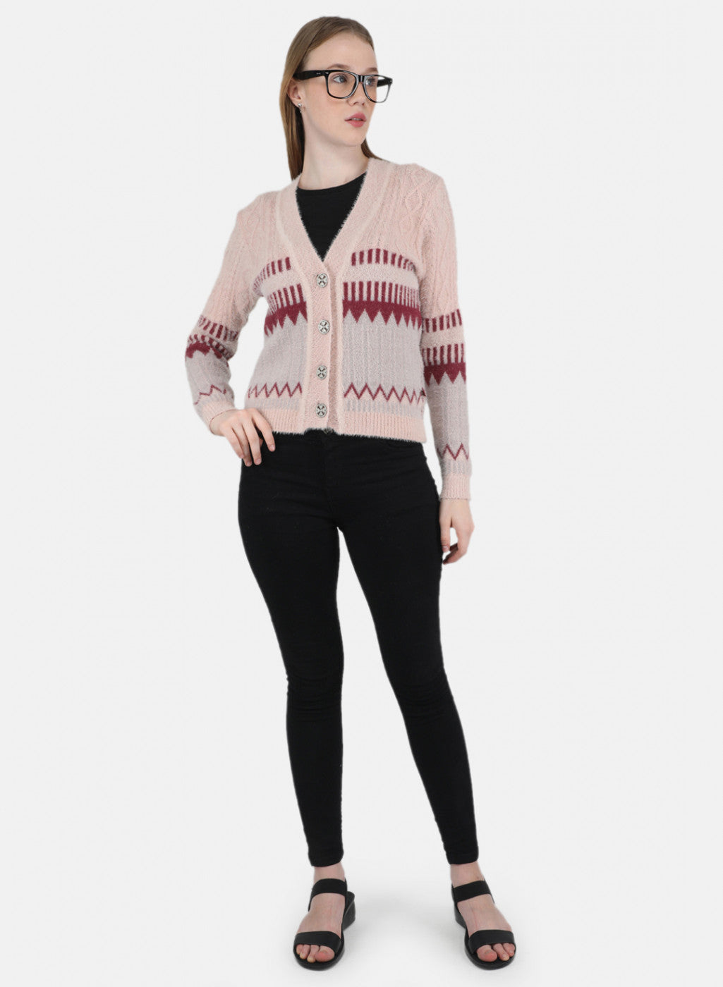 Women Pink Self Design Cardigan