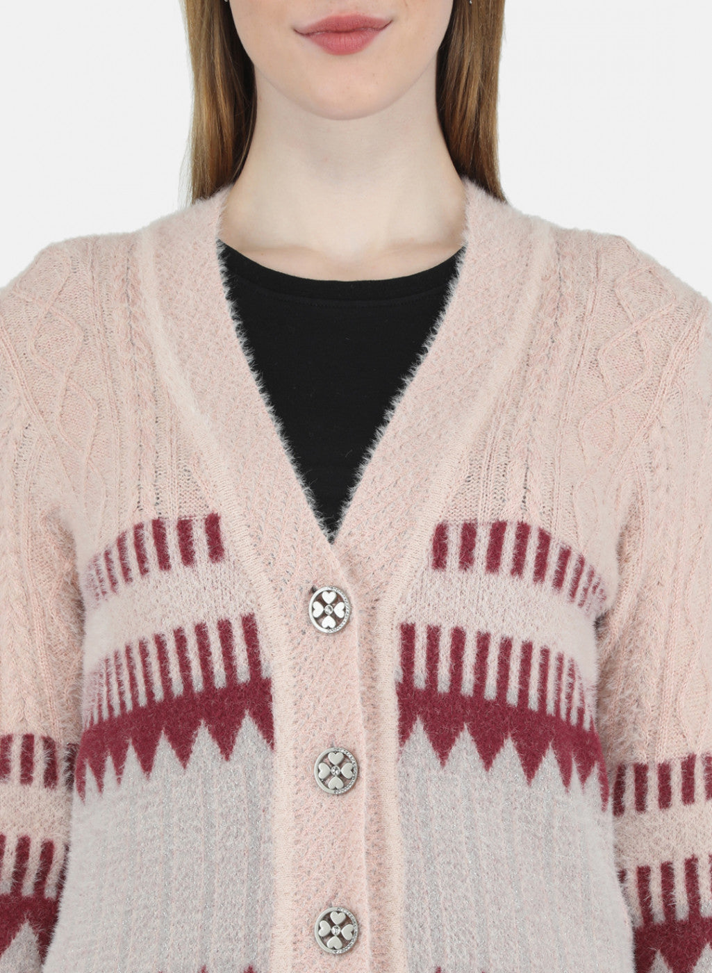 Women Pink Self Design Cardigan