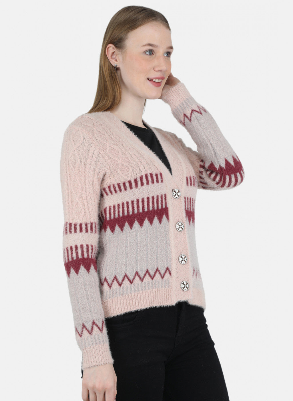 Women Pink Self Design Cardigan