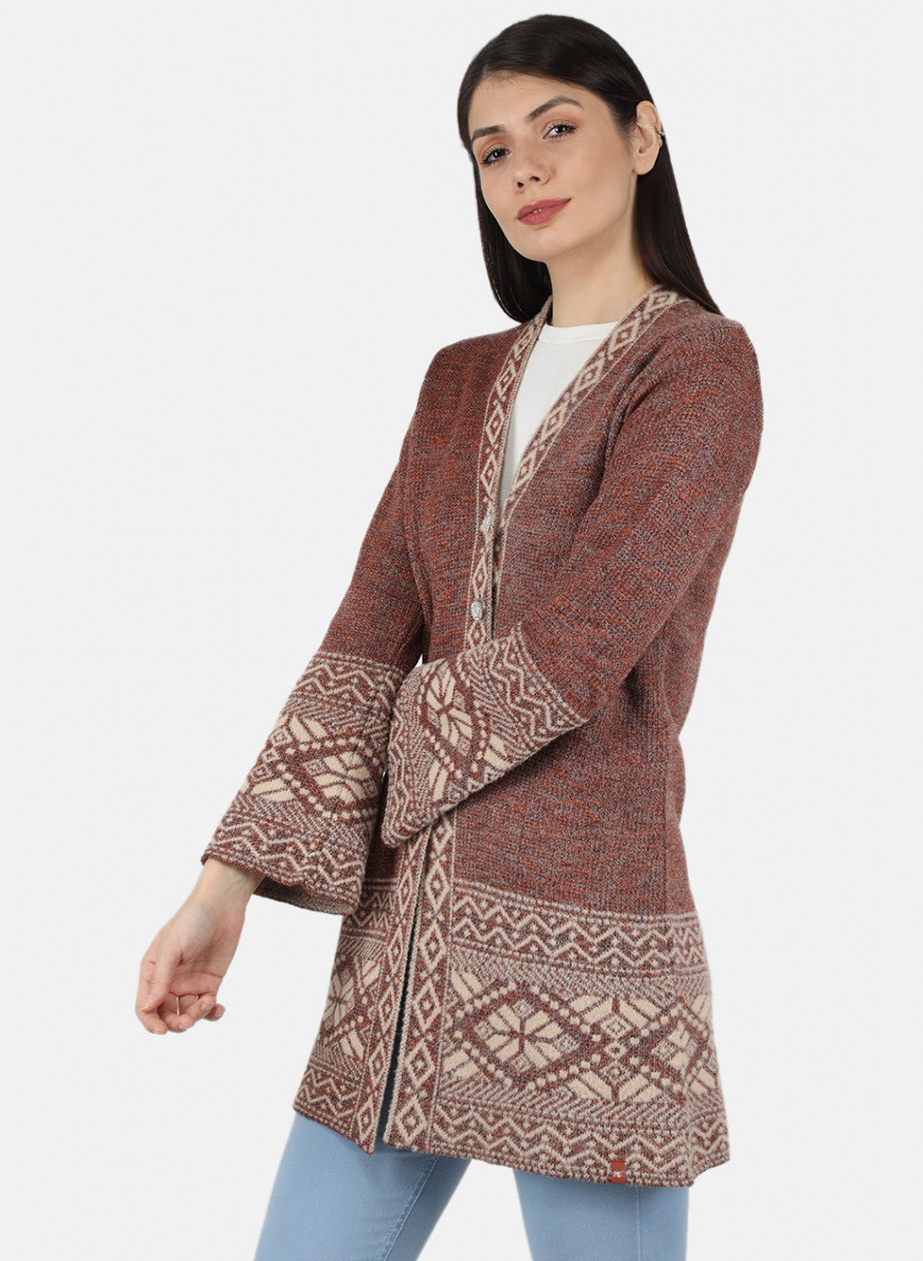 Women Rust Orange Self Design Cardigan