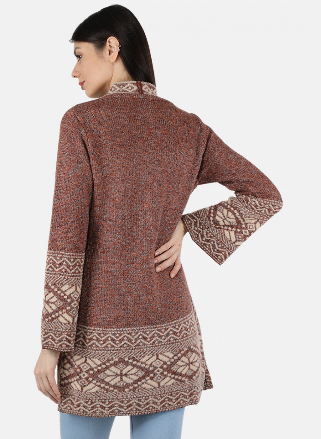 Women Rust Orange Self Design Cardigan