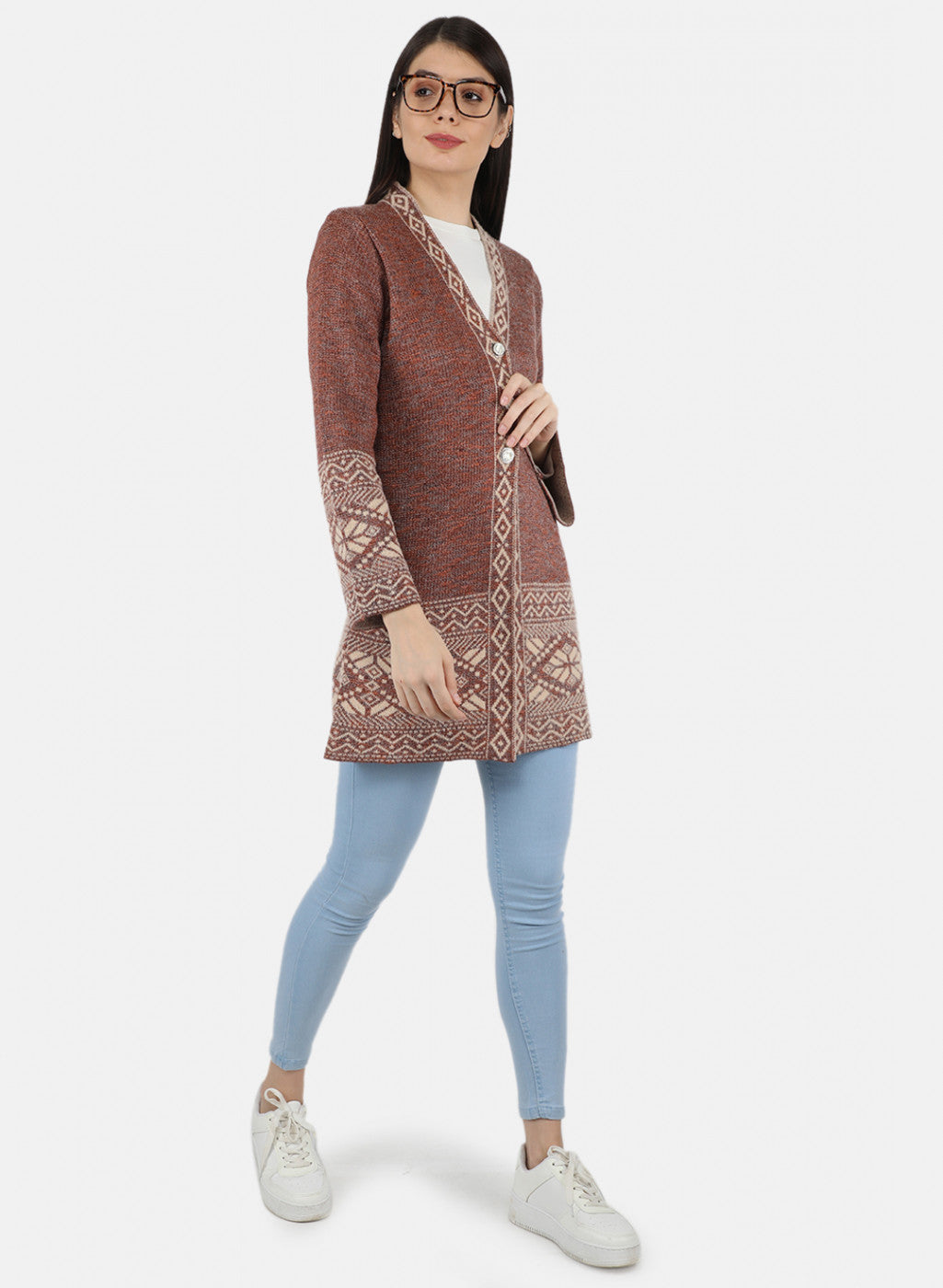 Women Rust Orange Self Design Cardigan