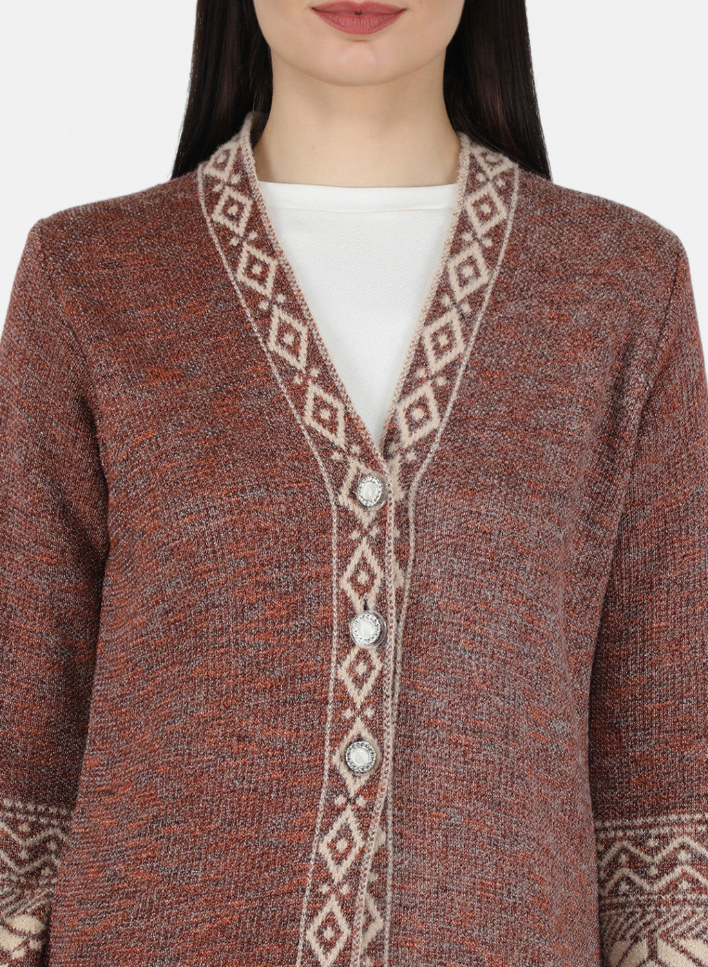 Women Rust Orange Self Design Cardigan