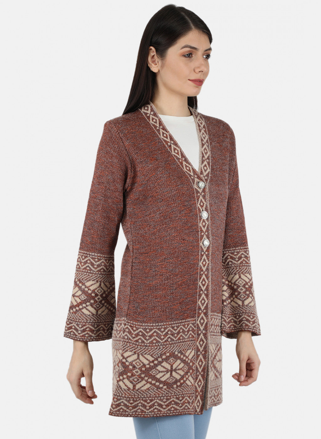 Women Rust Orange Self Design Cardigan