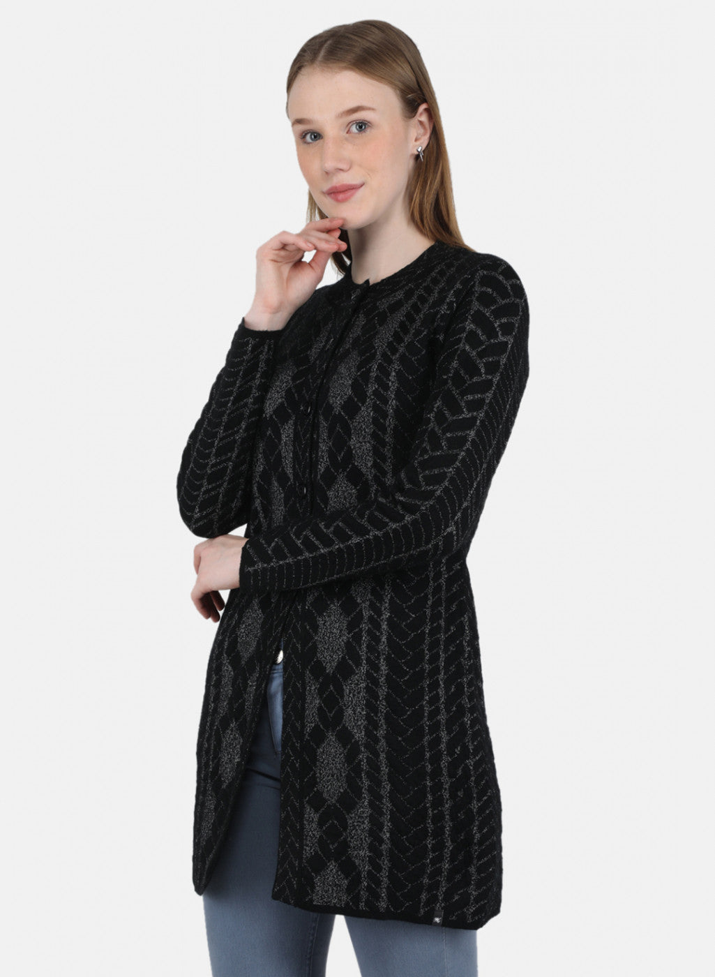 Women Black Self Design Coat