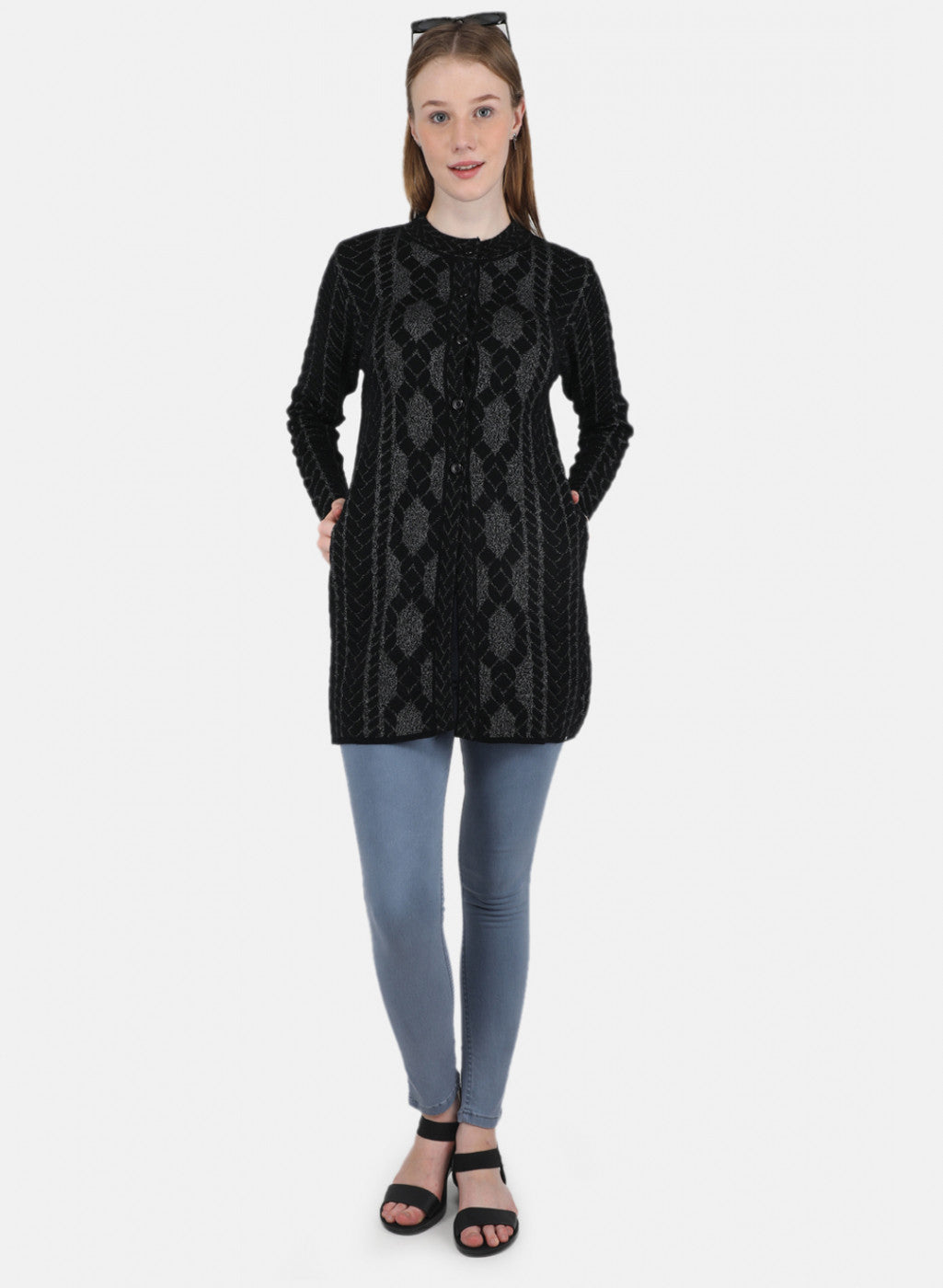 Women Black Self Design Coat