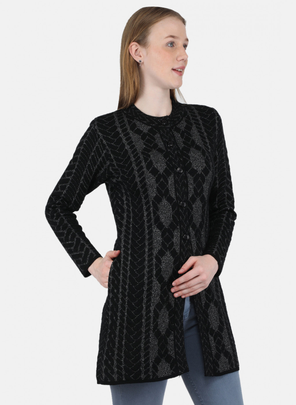 Women Black Self Design Coat