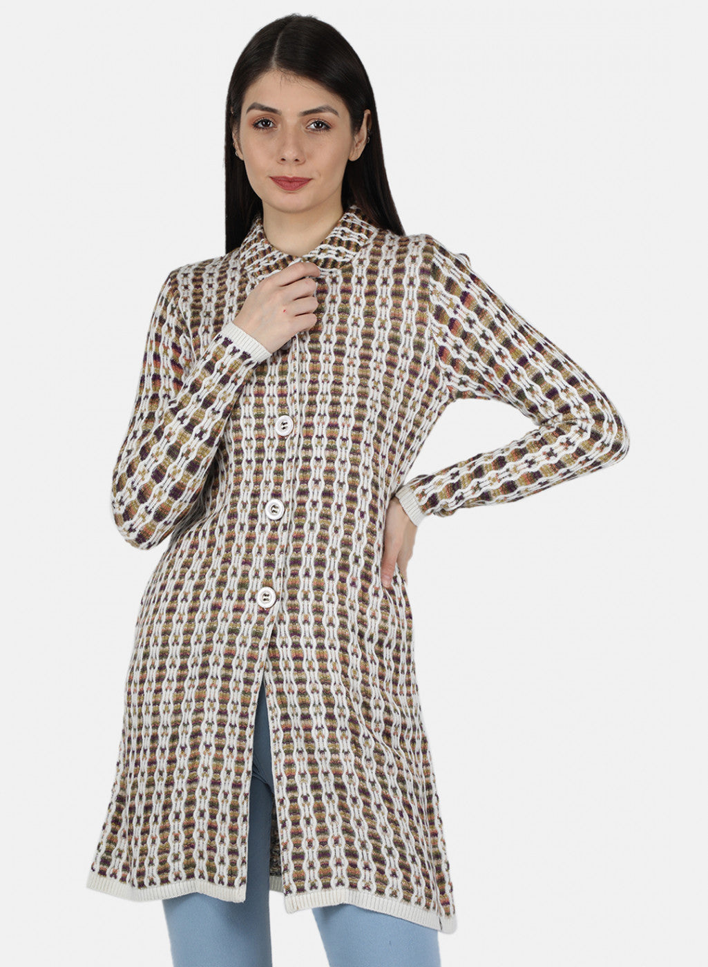 Women White Self Design Coat