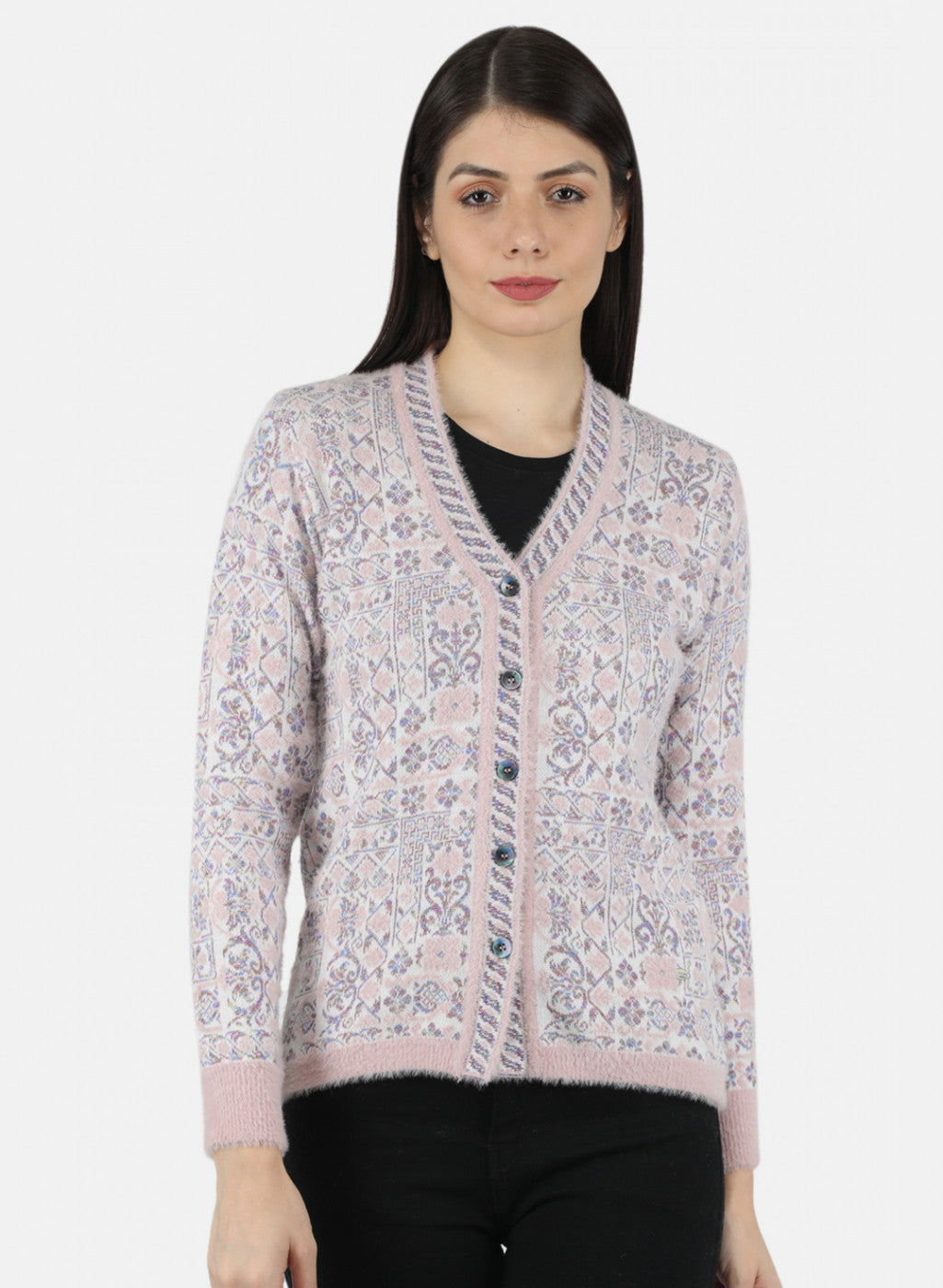 Women Pink Self Design Cardigan