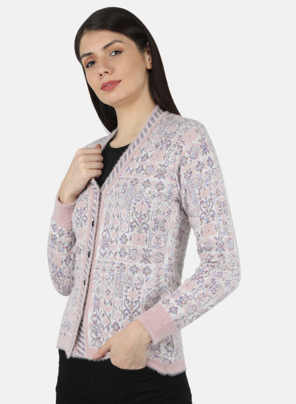 Women Pink Self Design Cardigan