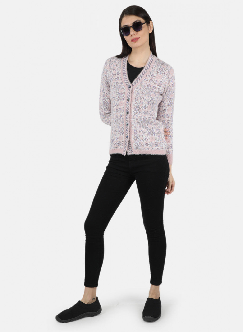Women Pink Self Design Cardigan