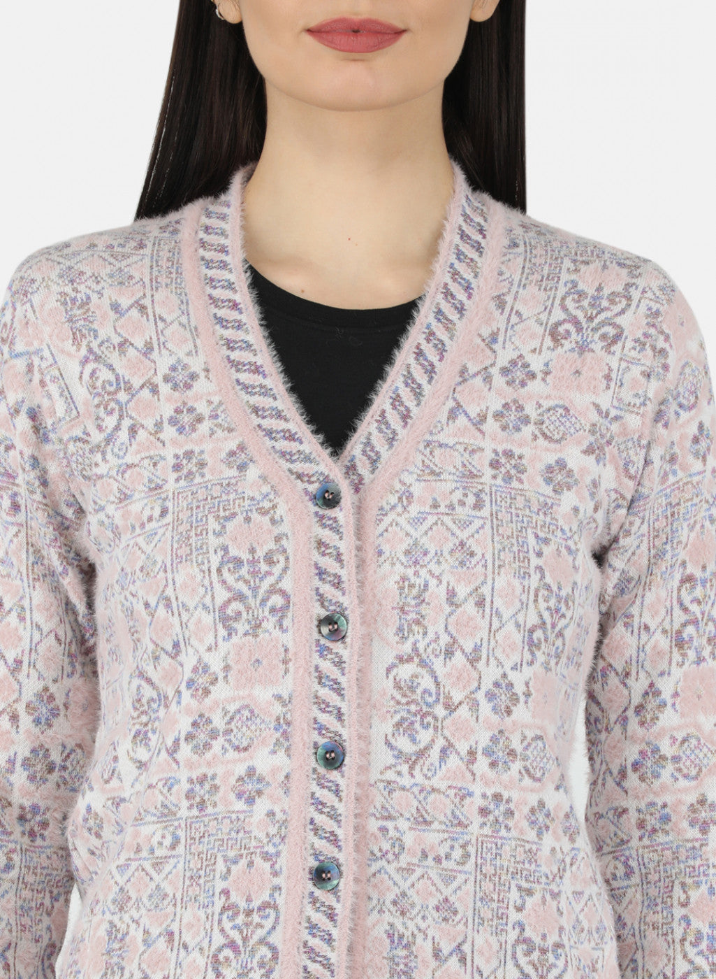 Women Pink Self Design Cardigan