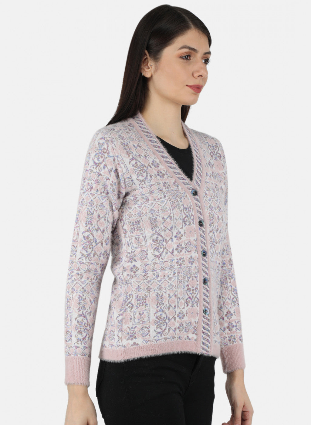 Women Pink Self Design Cardigan