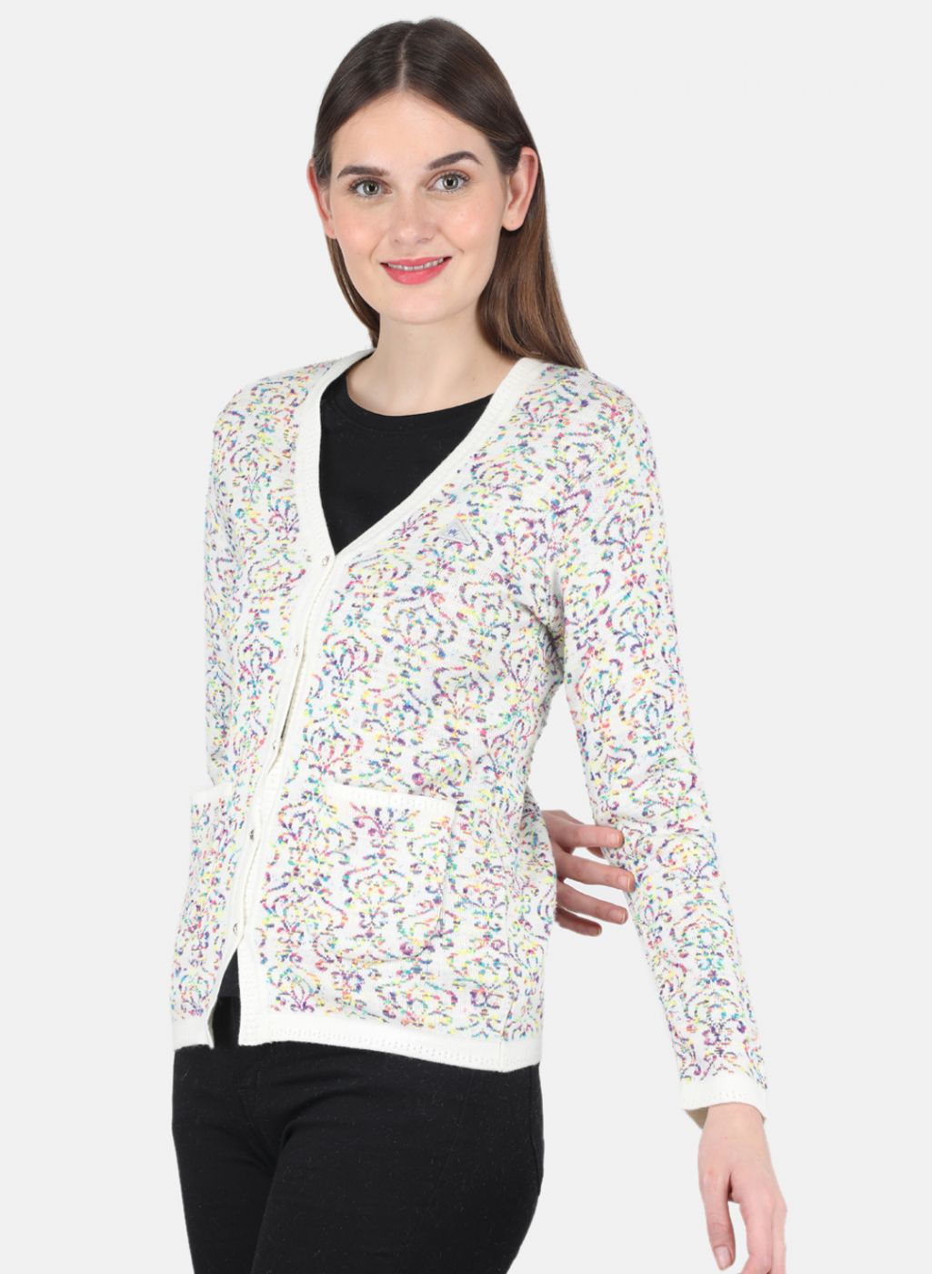 Women Off White Self design Cardigan