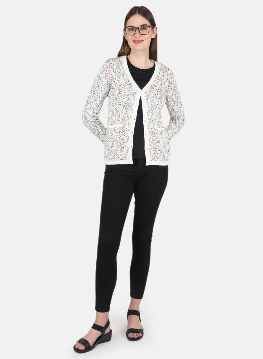 Women Off White Self design Cardigan