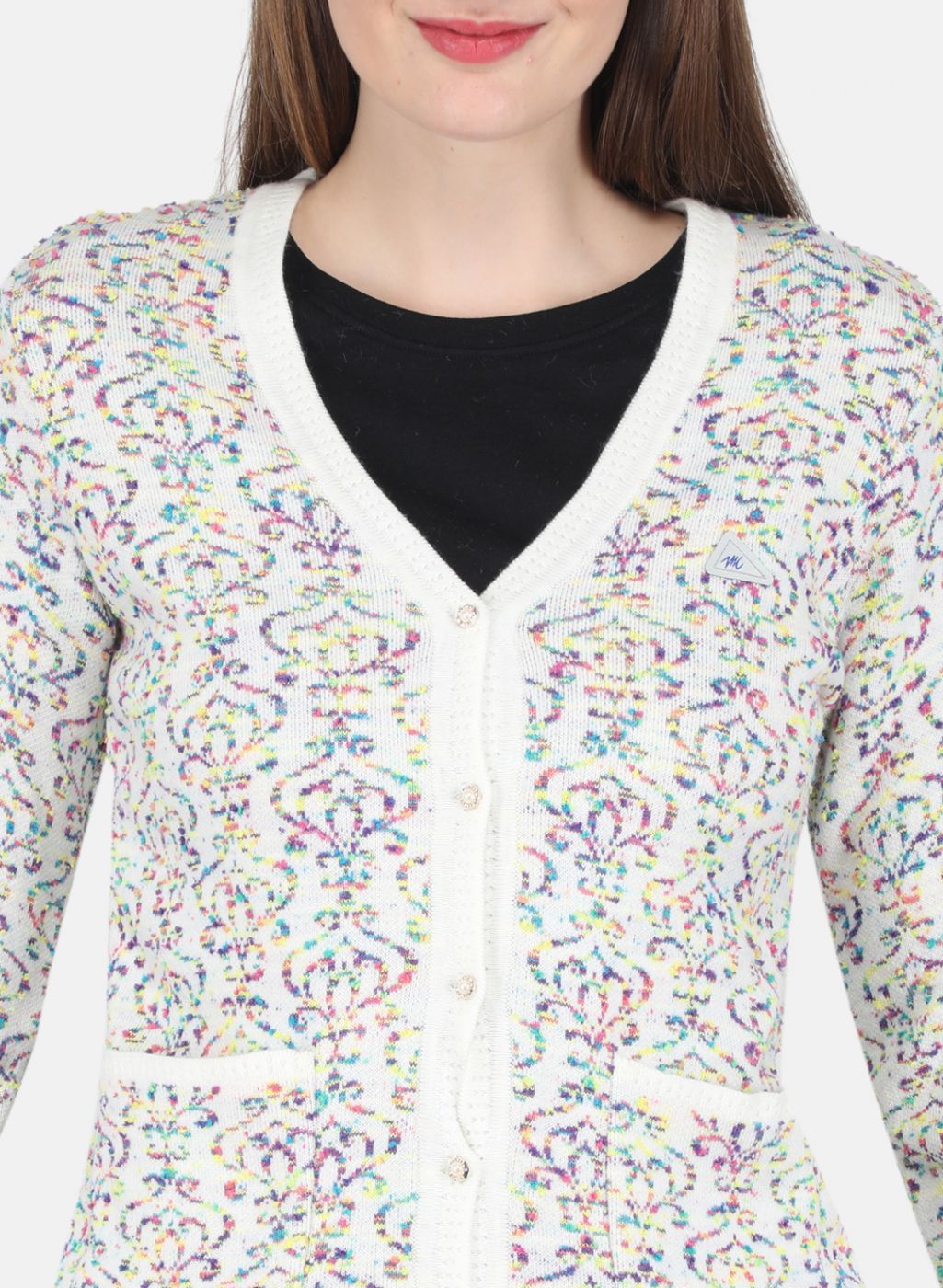 Women Off White Self design Cardigan