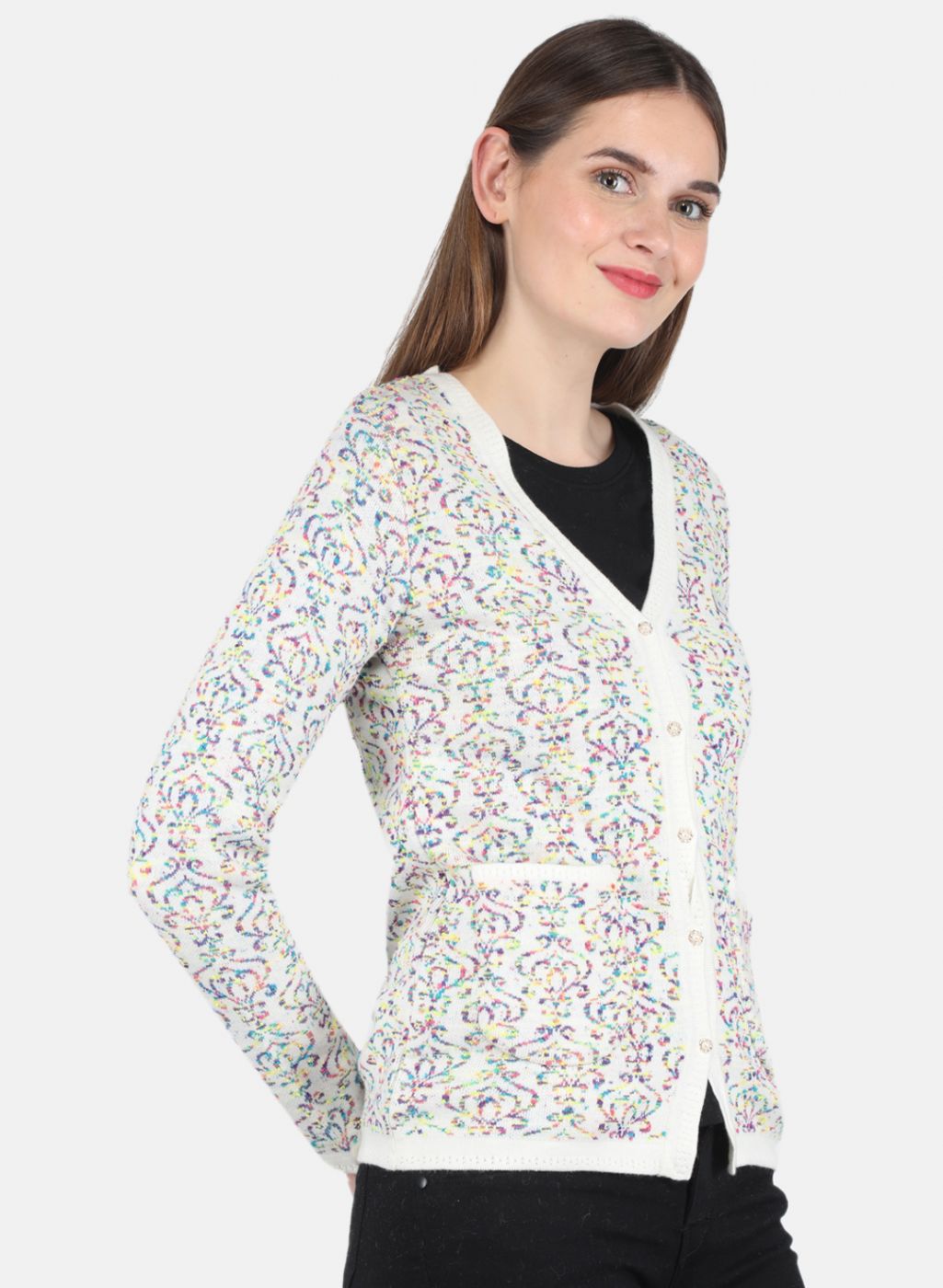 Women Off White Self design Cardigan